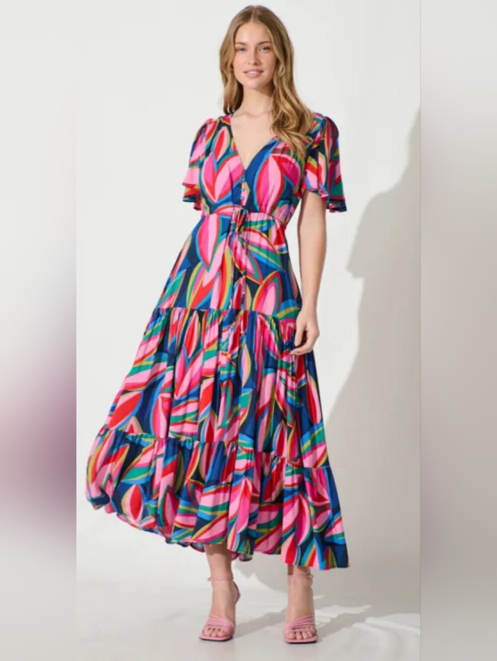 White Closet Elements Vibrant Leaf Sinch Waist Flutter Sleeve Maxi Dress Size S